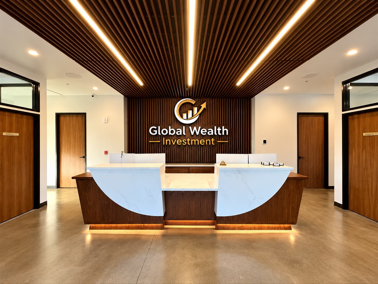 Accueil aux couleurs de Global Wealth Investment : plafond à lames de bois, comptoir en marbre et noyer